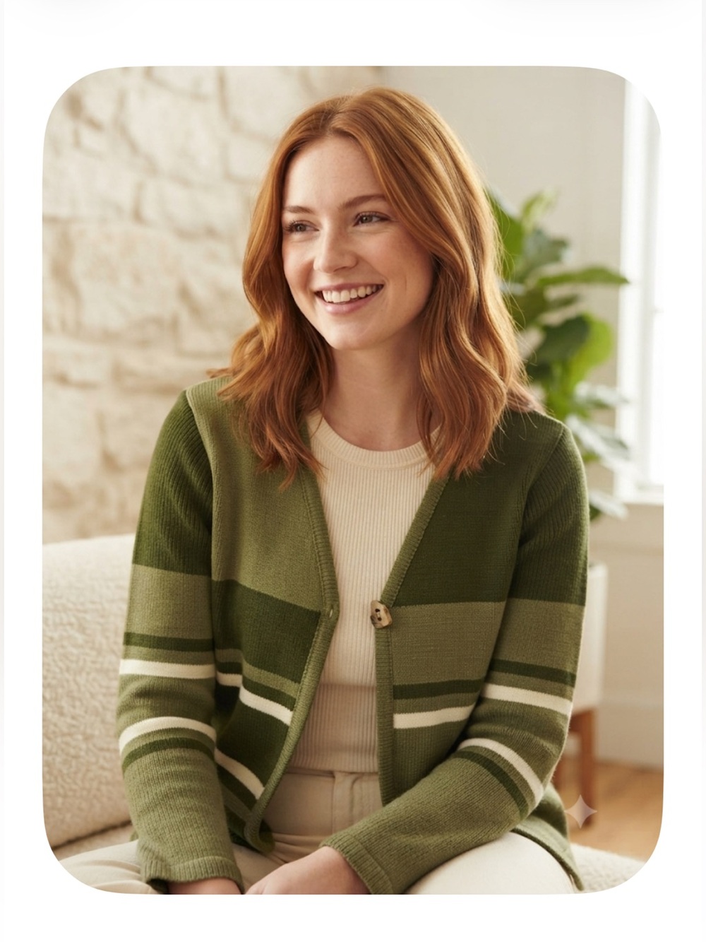 Olive Green Stripe Button Cardigan Sweater- XS